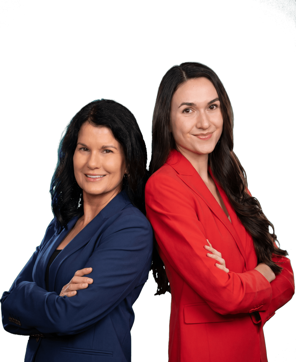 Attorneys Angela Carter in a navy blazer and Julianne Carter in a red blazer, standing back to back.